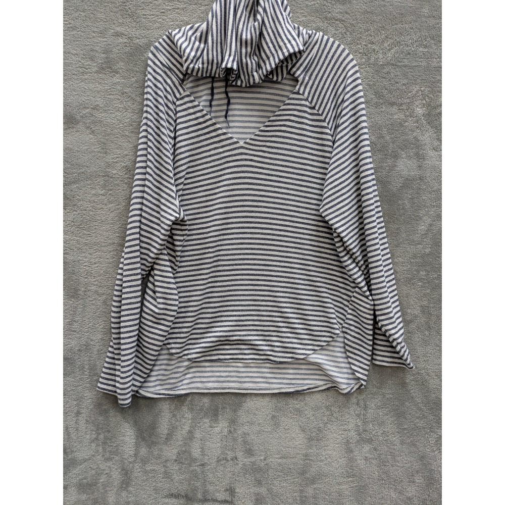 Boho Striped V-Neck Hoodie Lucky Brand Womens Large Blue White Cutout‎ Pullover